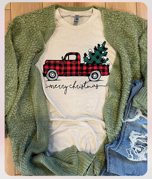 Merry Christmas Plaid Truck Tee