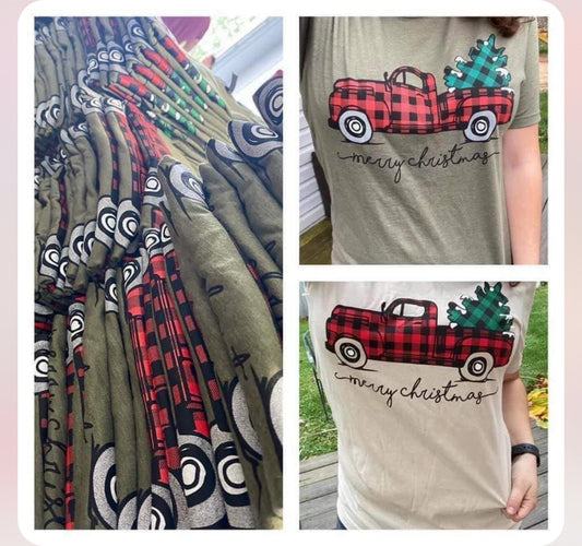 Merry Christmas Plaid Truck Short Sleeved Tee