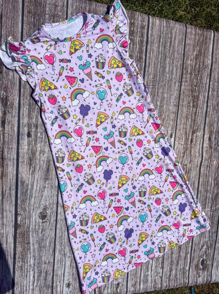 Girls lavender Main Street inspired nightgown with sweet treats, balloons, fruit and flutter sleeves.