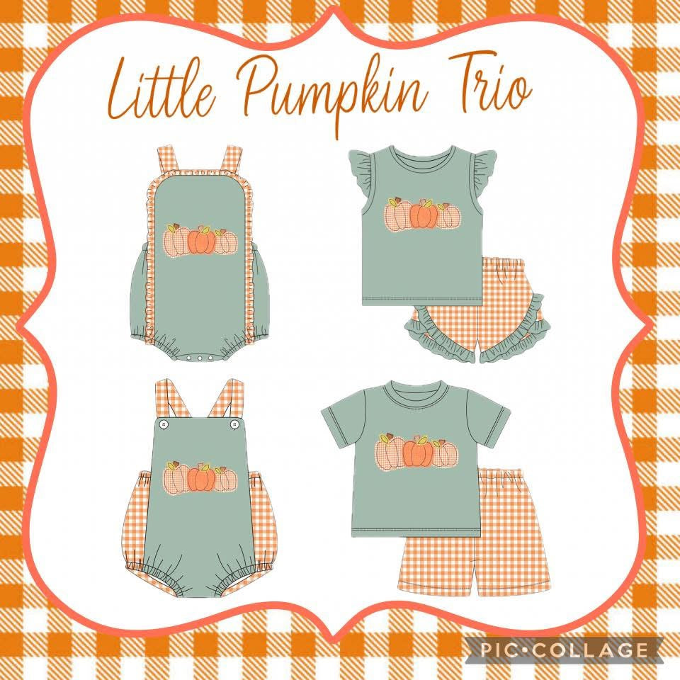 Little Pumpkin Trio sibling matching fall outfits with embroidered pumpkins, sage green tops and orange gingham for boys and girls