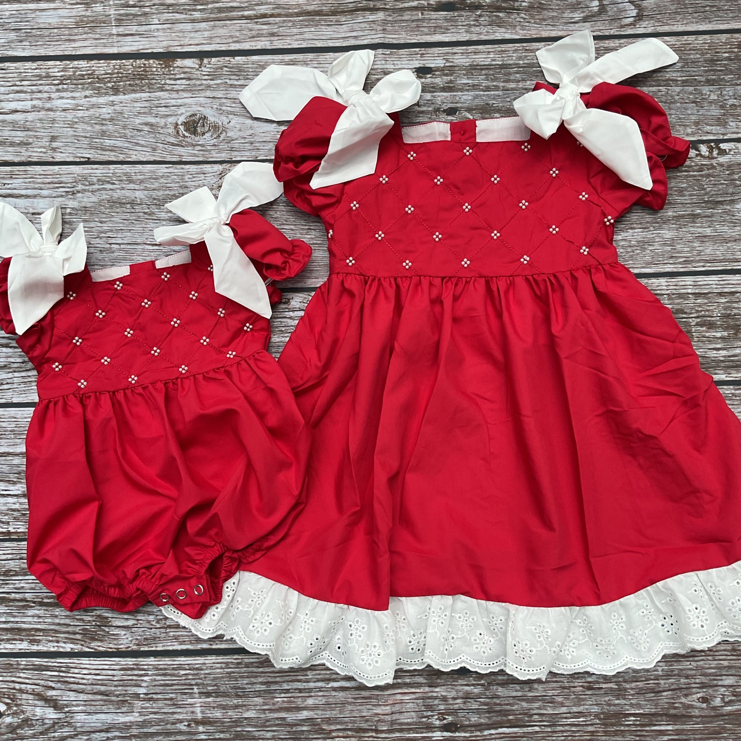 Classic Pearls Red Dress & Bubble Sister Matching