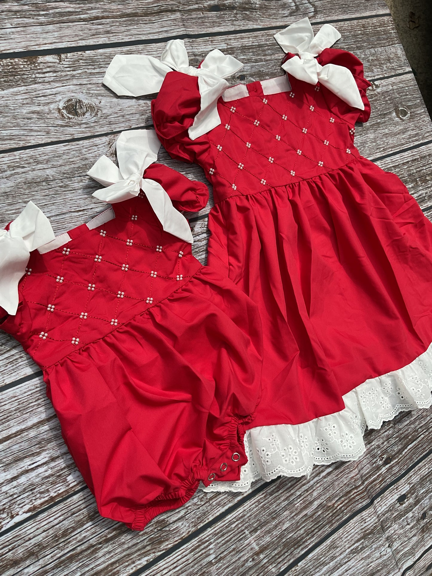 Classic Pearls Red Dress & Bubble Sister Matching