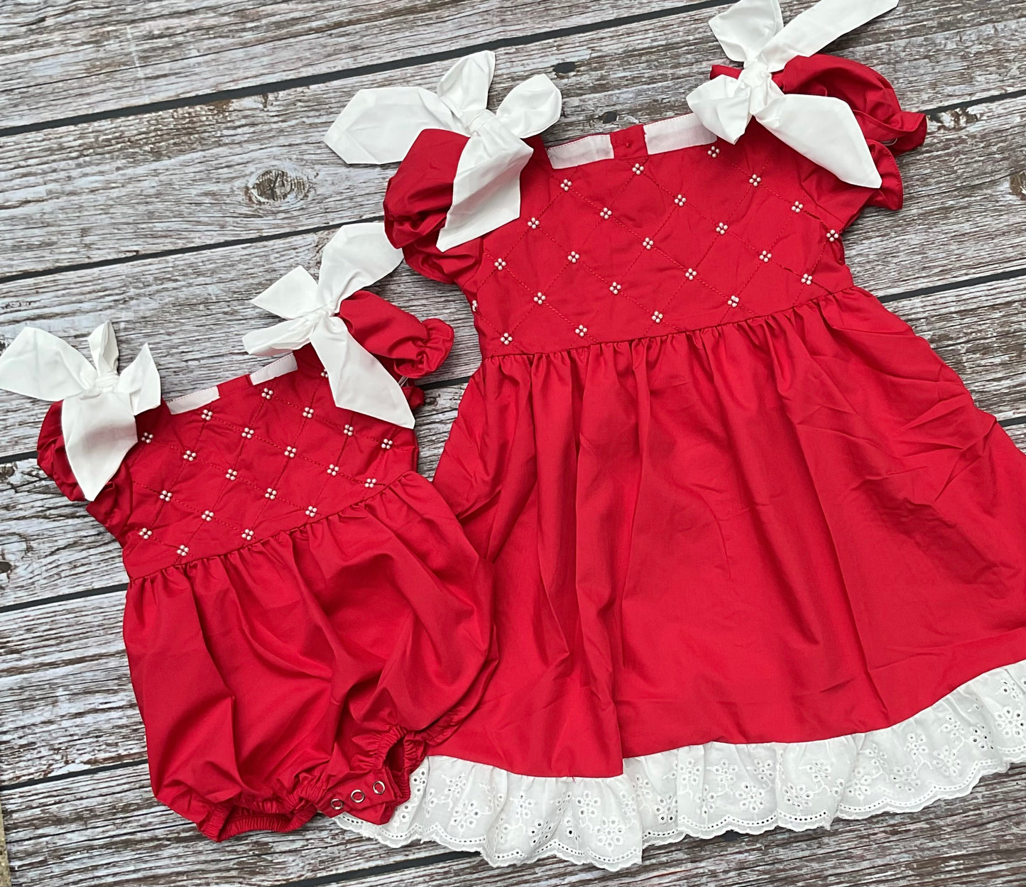 Classic Pearls Red Dress & Bubble Sister Matching