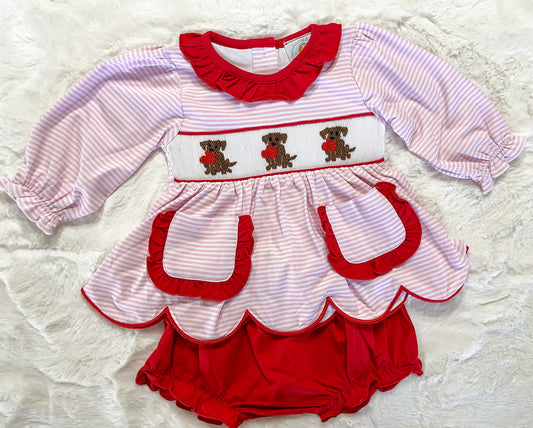 Valentine Smocked Puppy Hearts