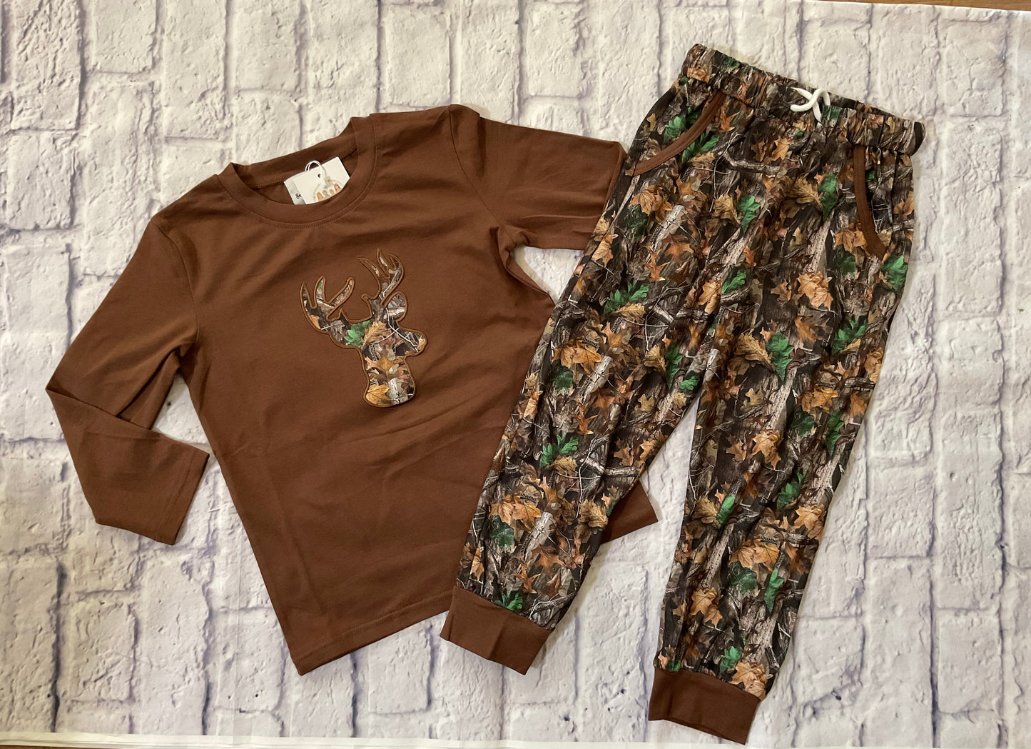 8 Point Rack boys brown long-sleeve deer shirt with coordinating woodland camo jogger pants