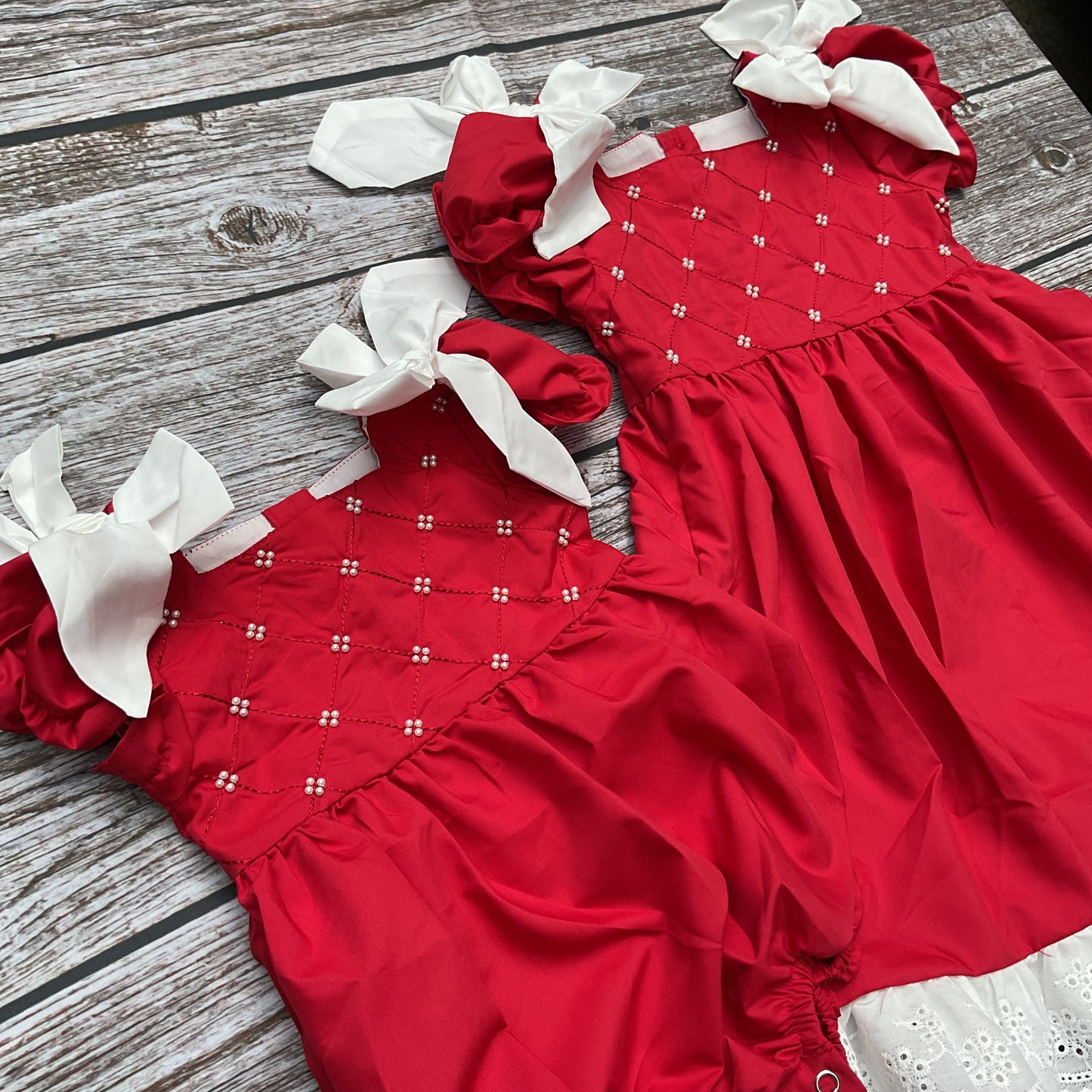 Classic Pearls Red Dress & Bubble Sister Matching