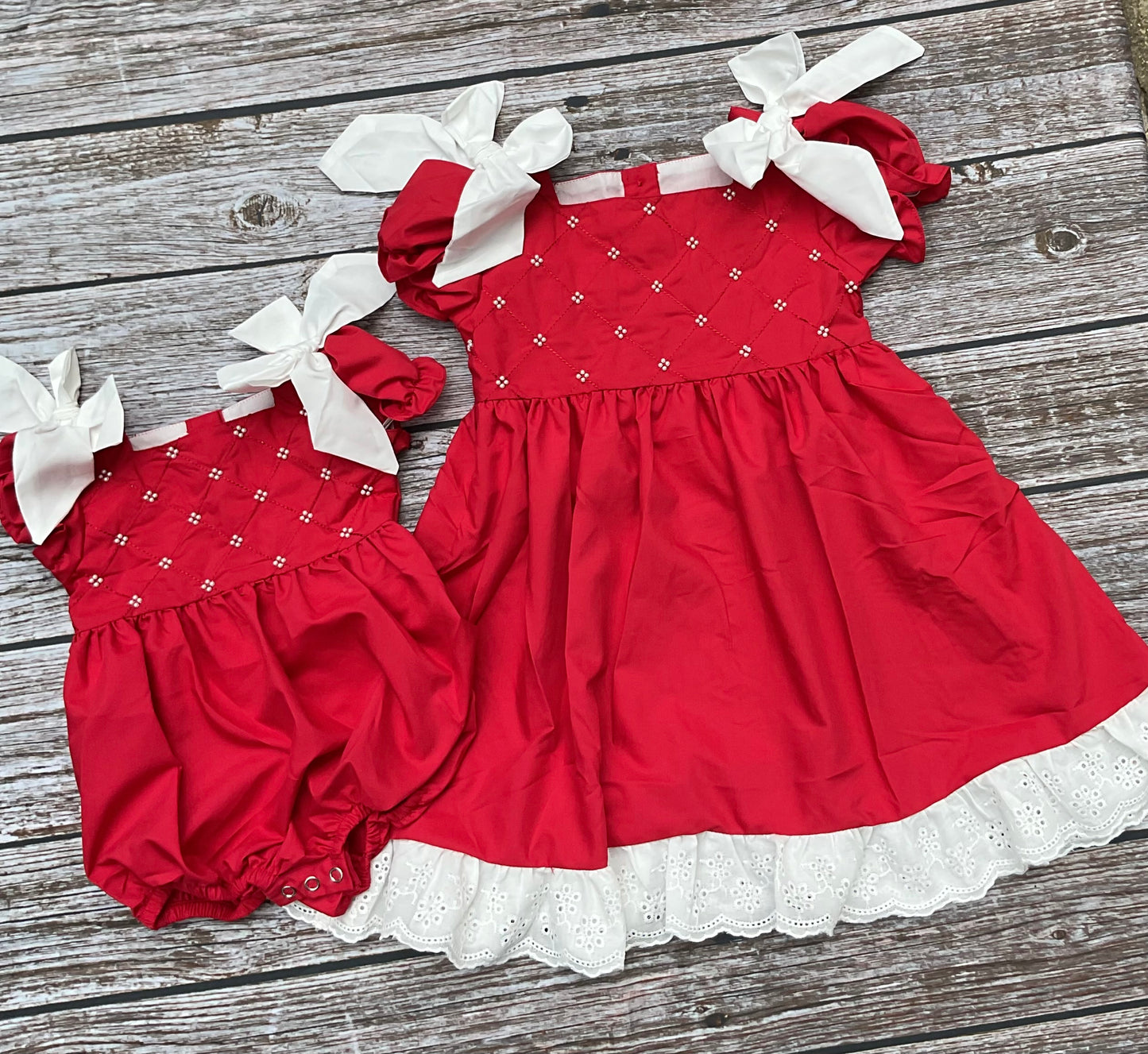 Classic Pearls Red Dress & Bubble Sister Matching