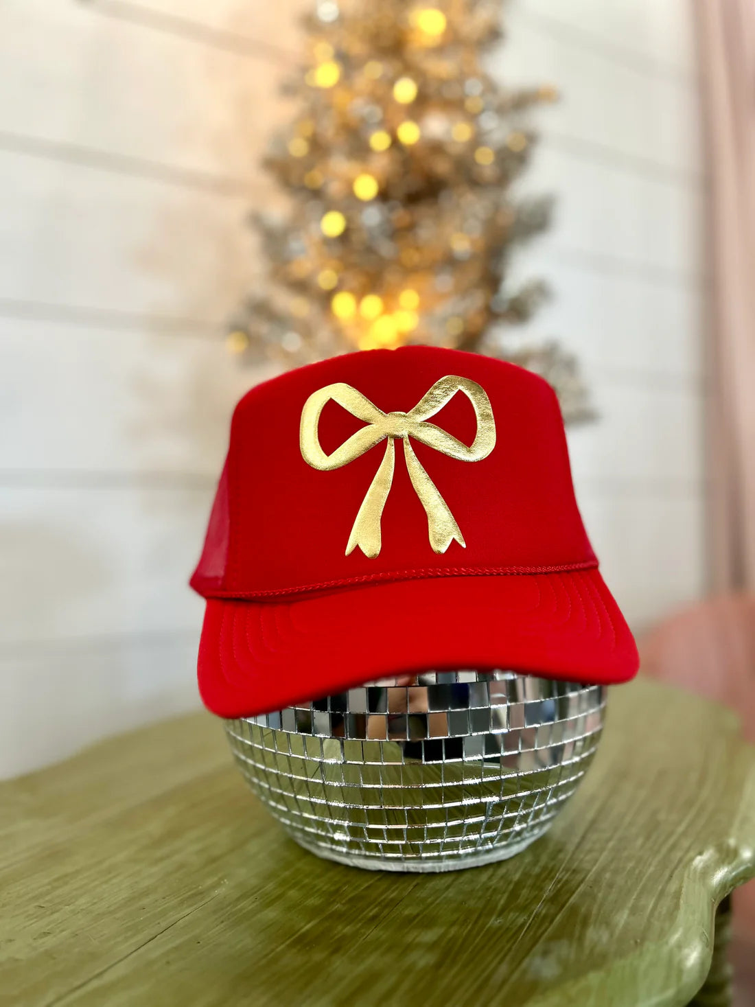 Red Gold Puff Bow Trucker Hat