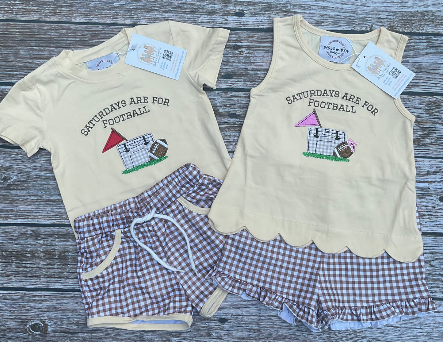 Boys and girls sibling matching football outfits with cream embroidered tops ad brown gingham shorts 