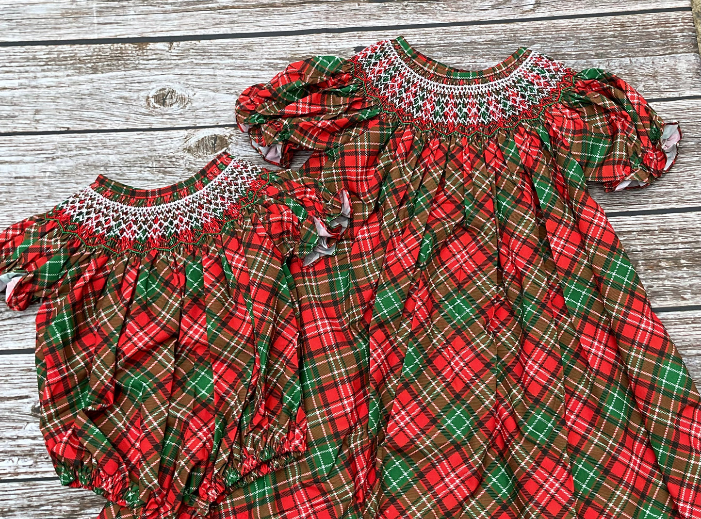 Heritage Plaid Girls Smocked Christmas Dress & Bubble