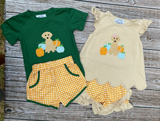 Harvest pups sibling matching fall outfits with boys green puppy pumpkin short set and girls cream ruffle puppy pumpkin short set