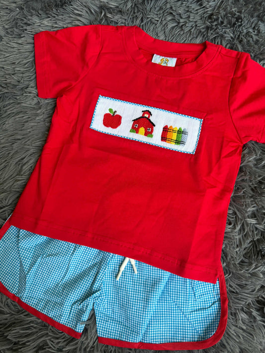 Little Red Schoolhouse Smock Boy Set