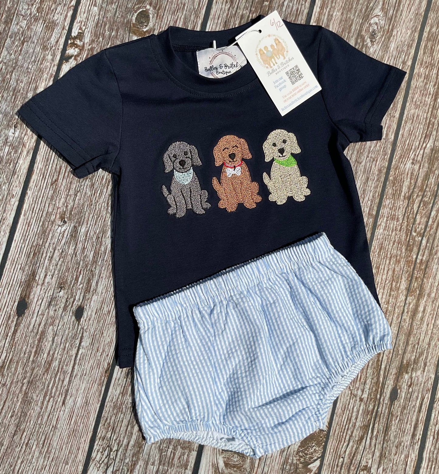 
Puppy Play Date boys diaper set with navy embroidered puppy shirt and light blue striped diaper cover