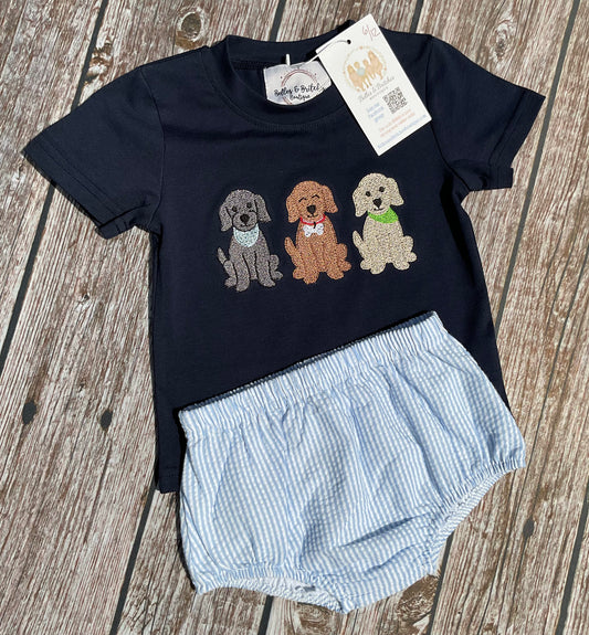 
Puppy Play Date boys diaper set with navy embroidered puppy shirt and light blue striped diaper cover