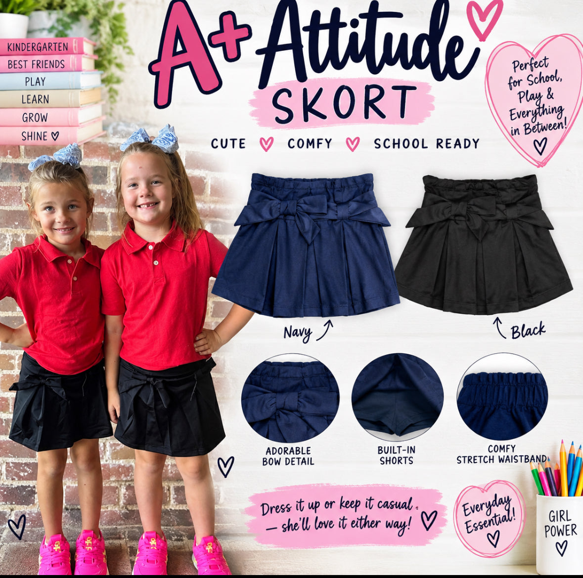 A+ Attitude girls bow athletic skort in navy and black with built-in shorts