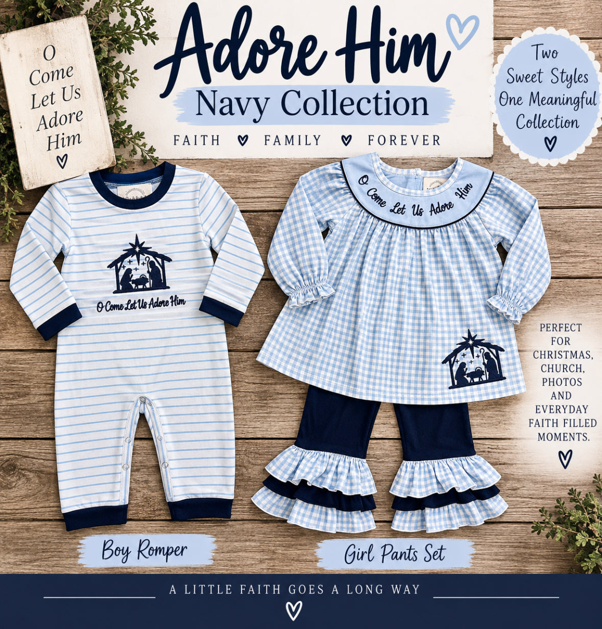 Adore Him Navy Christmas sibling collection with boys nativity romper and girls gingham pants set