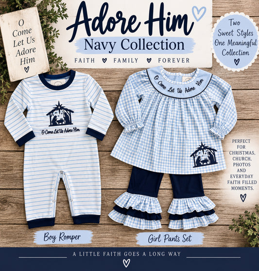 Adore Him Navy Christmas sibling collection with boys nativity romper and girls gingham pants set