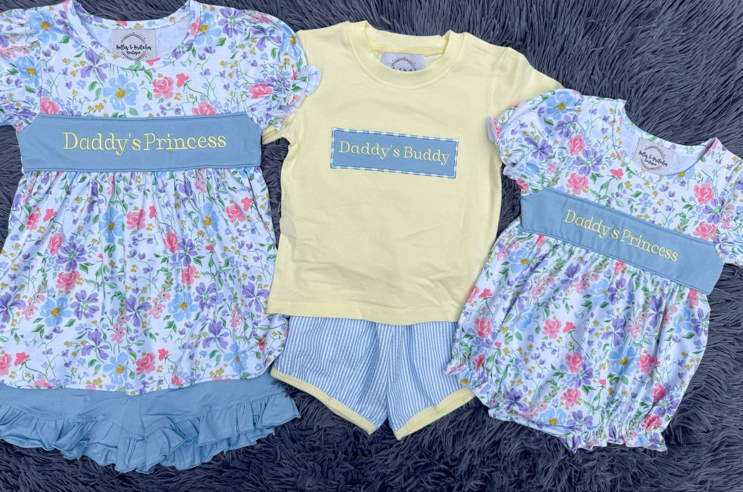 All About Daddy sibling collection with Daddy’s Princess floral girls outfits and Daddy’s Buddy boys short set