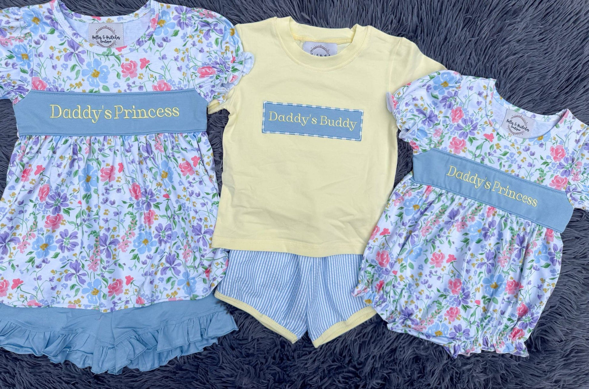 All About Daddy sibling collection with Daddy’s Princess floral girls outfits and Daddy’s Buddy boys short set