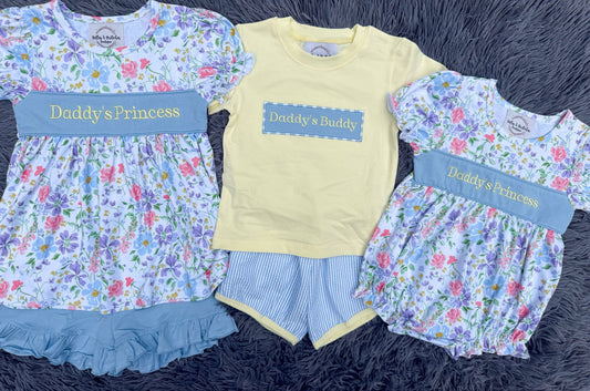 All About Daddy sibling collection with Daddy’s Princess floral girls outfits and Daddy’s Buddy boys short set