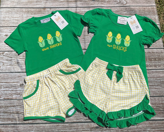 Awe Shucks corn sibling matching short sets for boys and girls with green tops and yellow gingham shorts