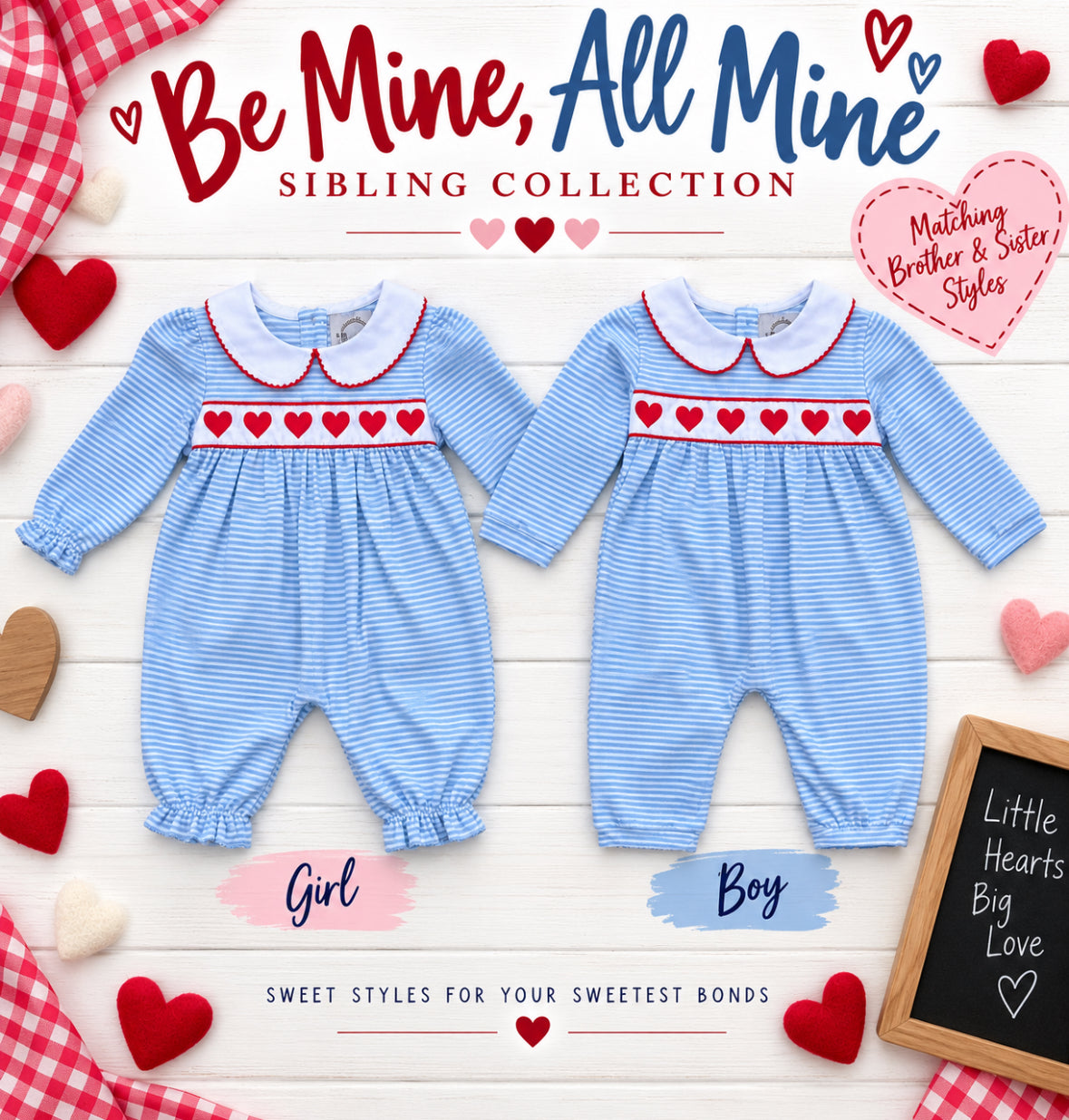 Be Mine All Mine blue striped Valentine sibling rompers with red hearts for boys and girls