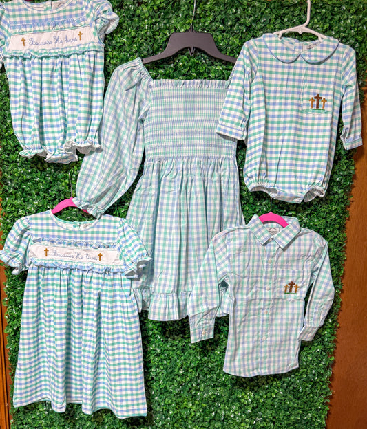 Because He Lives Christian Easter sibling collection with girls dresses, girl and boy bubbles, and boys shirt