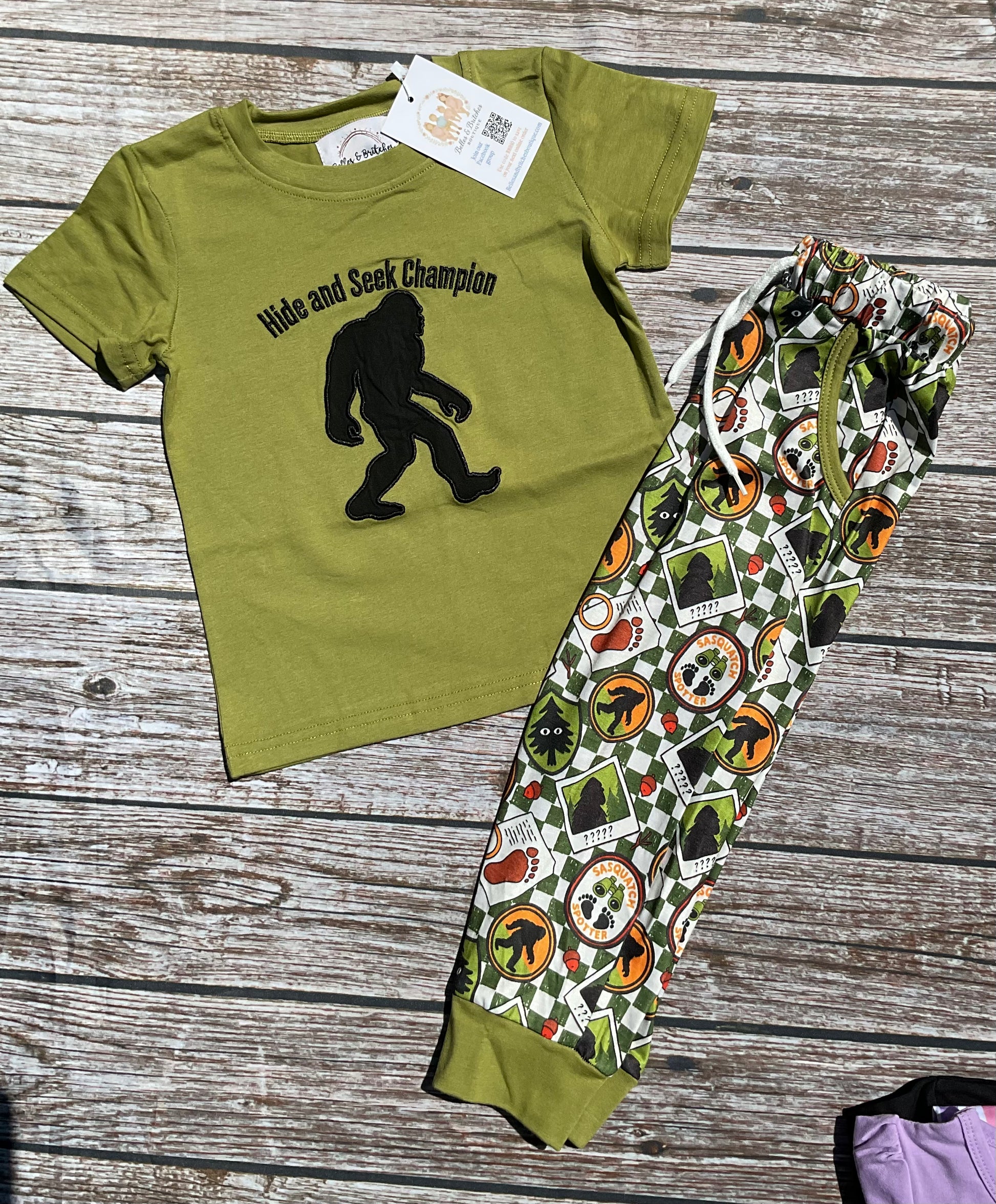 Bigfoot Buddies boys pant set with olive Hide and Seek Champion shirt and coordinating woodland print jogger pants