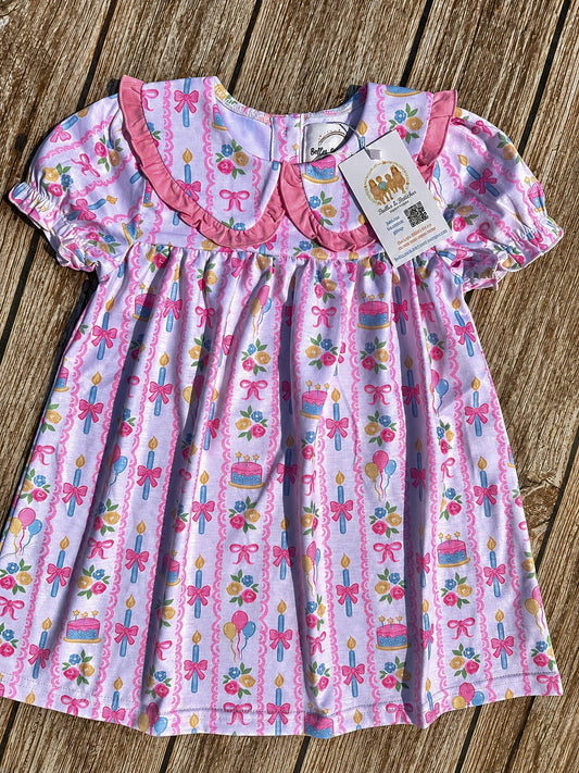 Birthday Beauty girls ruffle dress with cakes, candles, balloons, bows and floral print