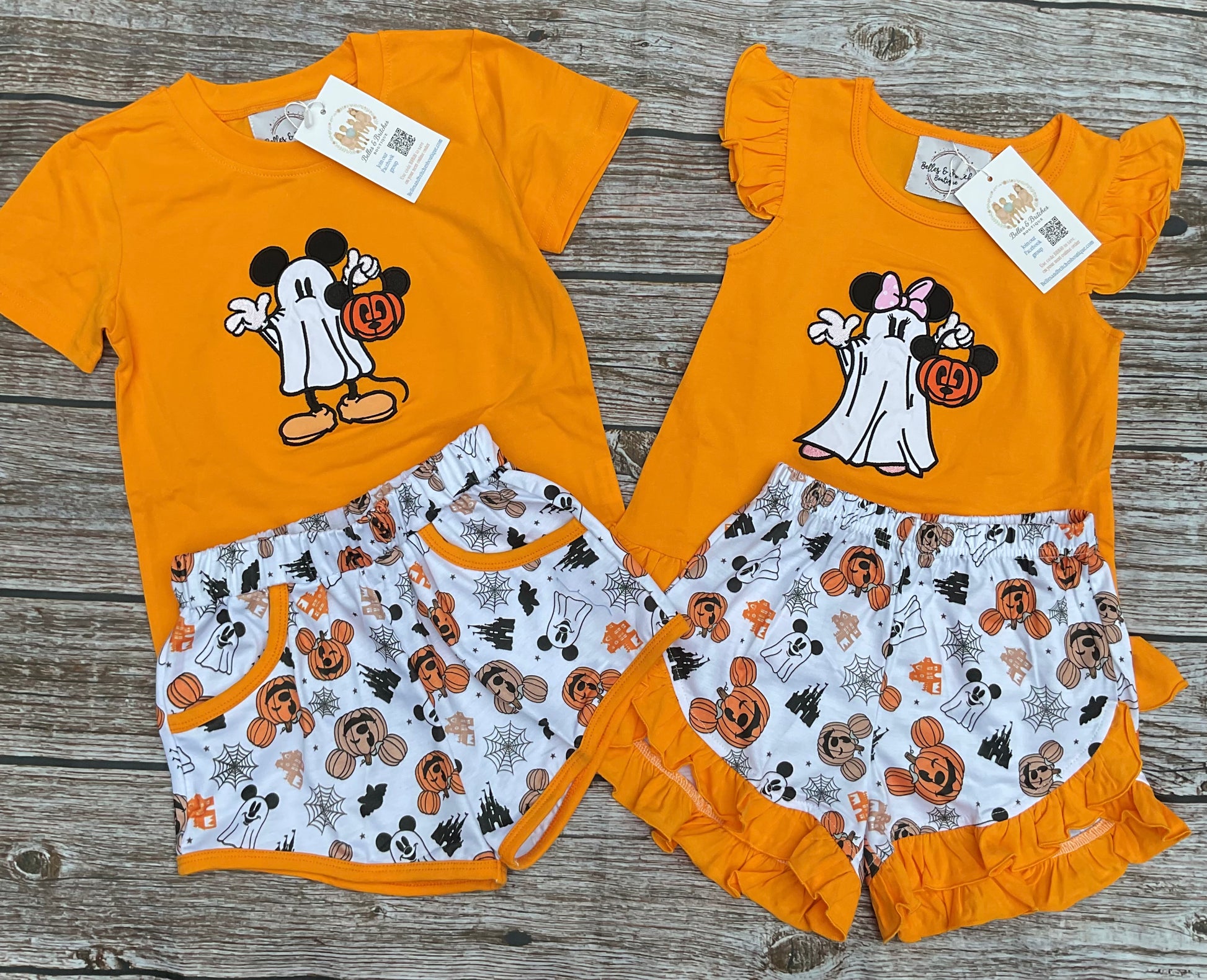 Boo Bash Crew Halloween sibling matching short sets for boys and girls with ghost designs and coordinating Halloween print shorts