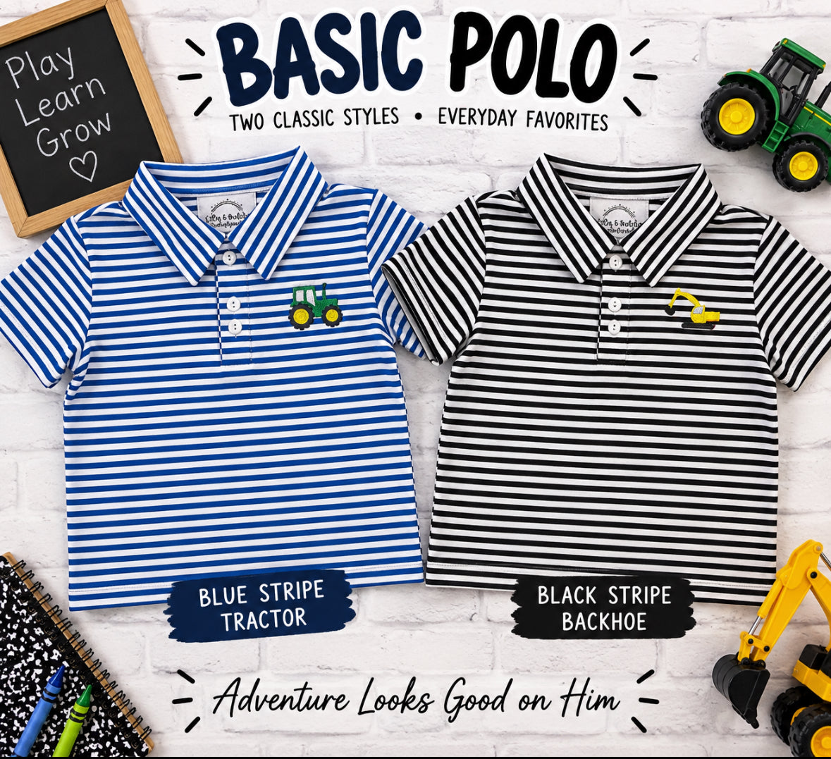 Boys striped polo shirts featuring a blue and white tractor polo and black and white backhoe polo.