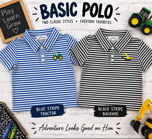 Boys striped polo shirts featuring a blue and white tractor polo and black and white backhoe polo.