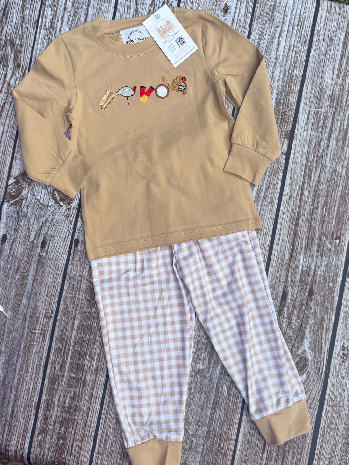 Boys Thanksgiving pants set with tan long-sleeve turkey-themed embroidered shirt and pastel gingham jogger pants
