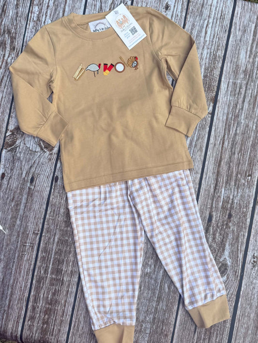 Boys Thanksgiving pants set with tan long-sleeve turkey-themed embroidered shirt and pastel gingham jogger pants