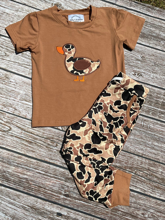 Camo Duck boys jogger set with brown short sleeve duck appliqué shirt and coordinating camouflage jogger pants.