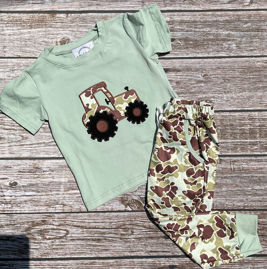 Camo Tractor boys jogger set with sage green tractor appliqué shirt and coordinating camouflage pants.