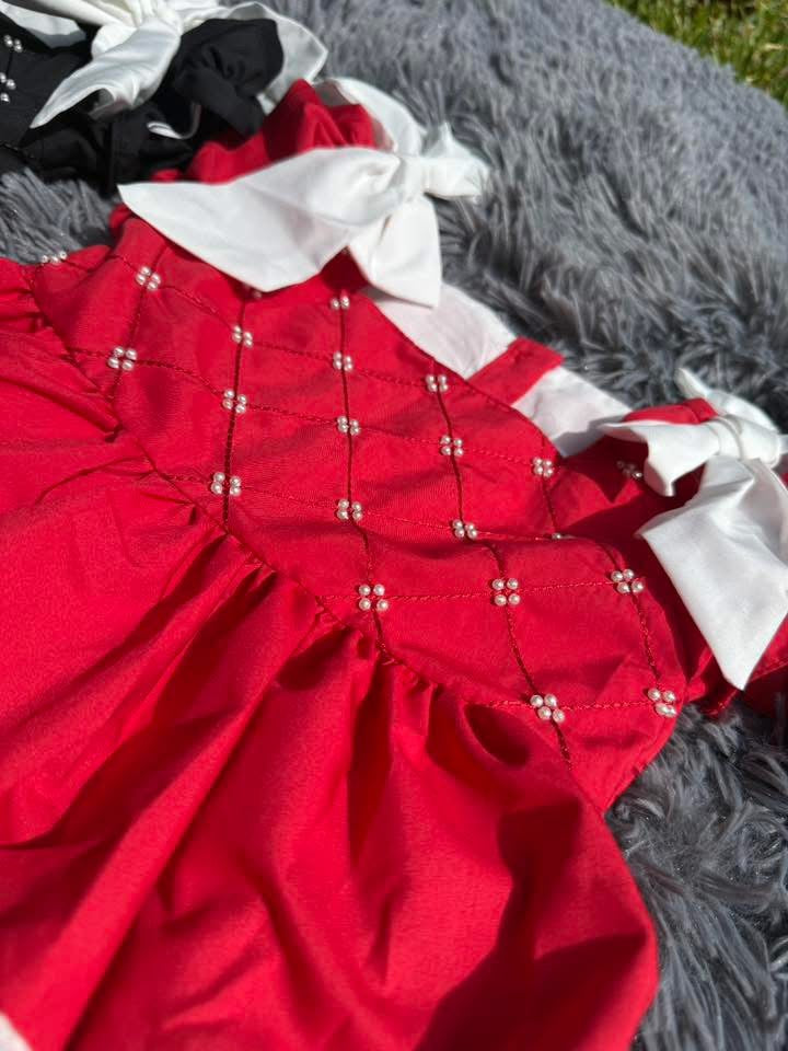 Classic Pearls red dress and bubble for girls with pearl detailing and white bow accents