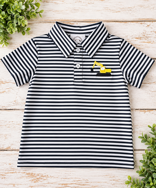 Boys black and white striped polo shirt with yellow embroidered excavator