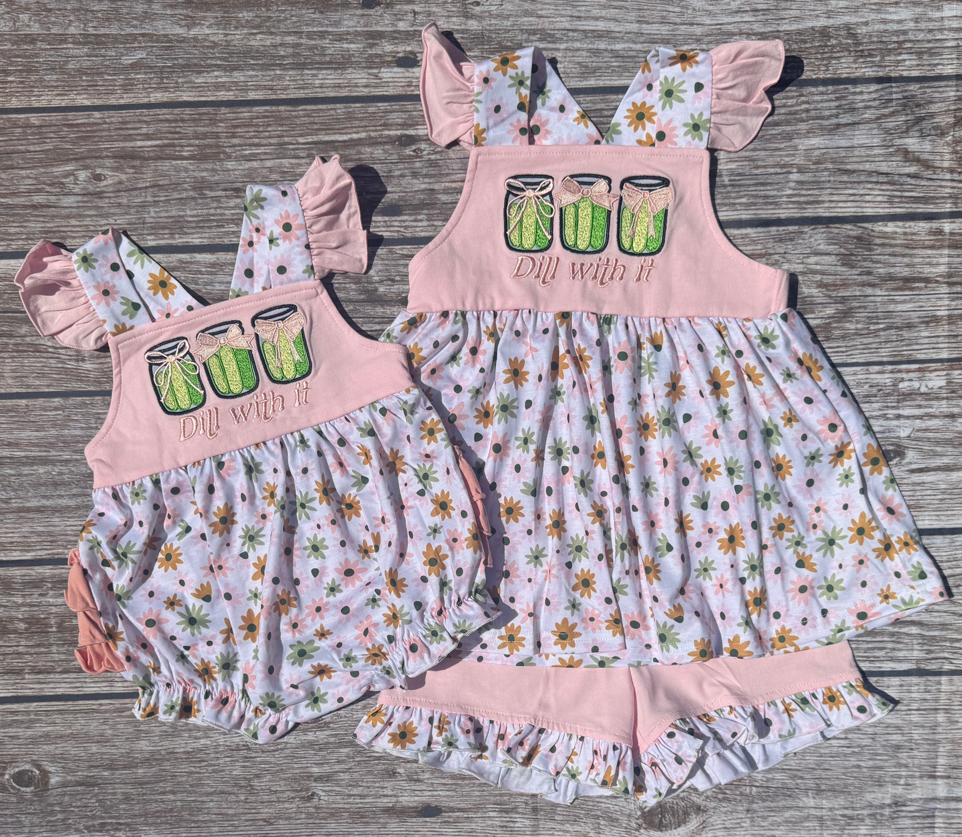 Girls pickle-themed bubble and short set with embroidered pickle jars, bows and coordinating floral print