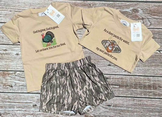 Faith in the Field boys 3-piece set with embroidered turkey and deer shirts and coordinating camo shorts