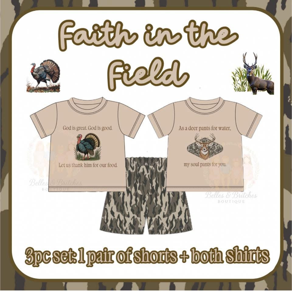 Faith in the Field boys 3 piece hunting set with deer and turkey faith shirts and coordinating camouflage shorts