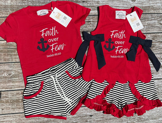 Boys and girls Faith Over Fear sibling matching short sets with red embroidered tops and black and white striped shorts