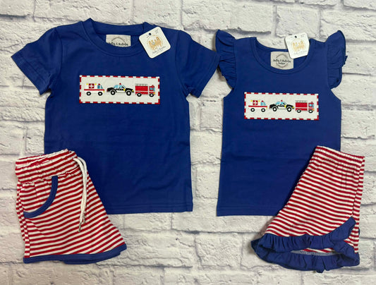 Boy and girl First Responders sibling short sets with ambulance, police car and fire truck embroidery