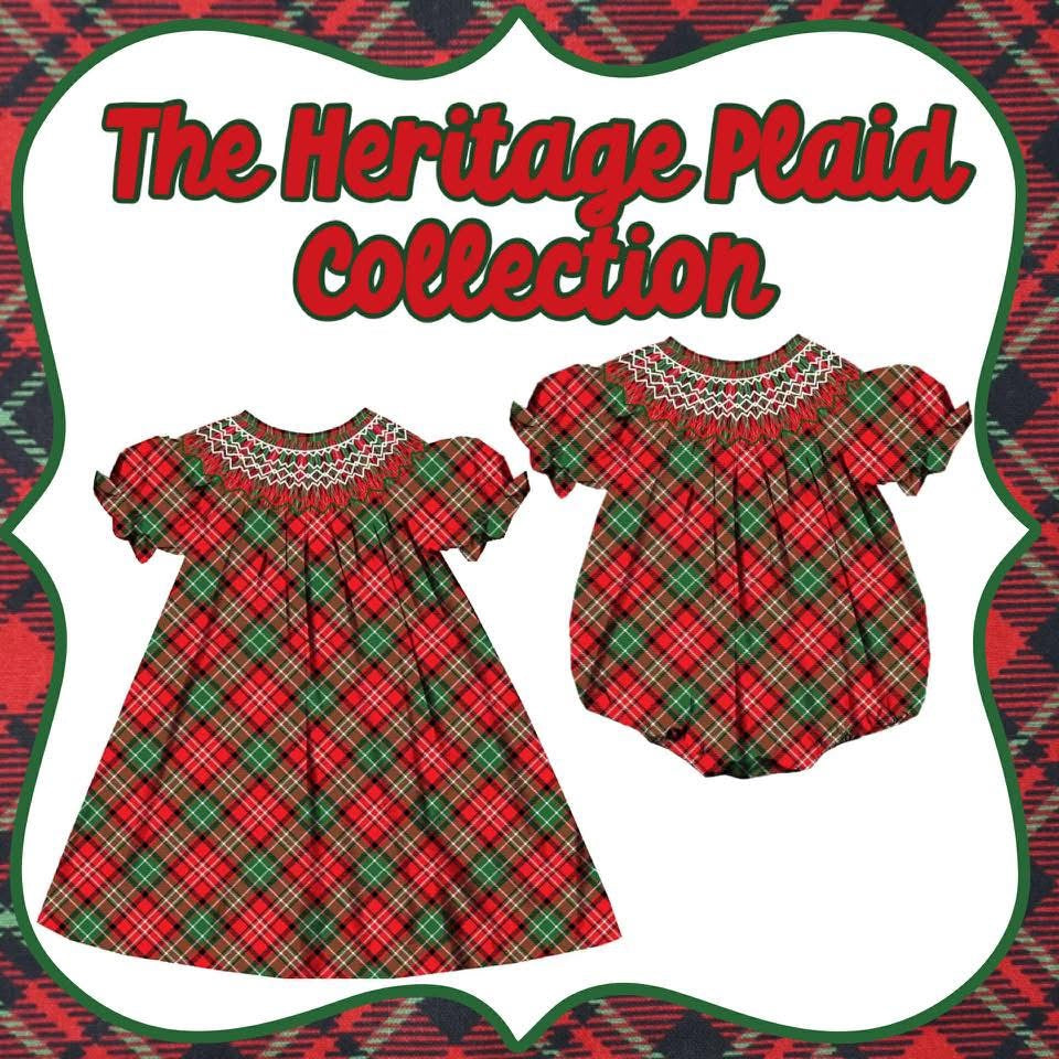 Heritage Plaid girls smocked Christmas dress and baby bubble in classic red and green tartan plaid