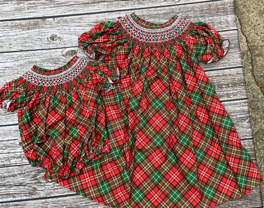 Heritage Plaid girls smocked Christmas dress and bubble in red, green, and brown tartan plaid with traditional smocked neckline.