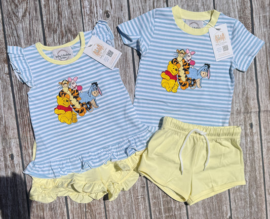 Boys and girls sibling matching short sets with blue striped embroidered tops and yellow shorts
