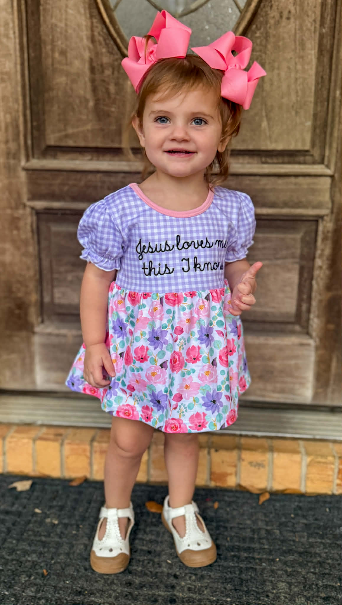 Girls lavender gingham and floral skirted bubble embroidered with Jesus loves me this I know