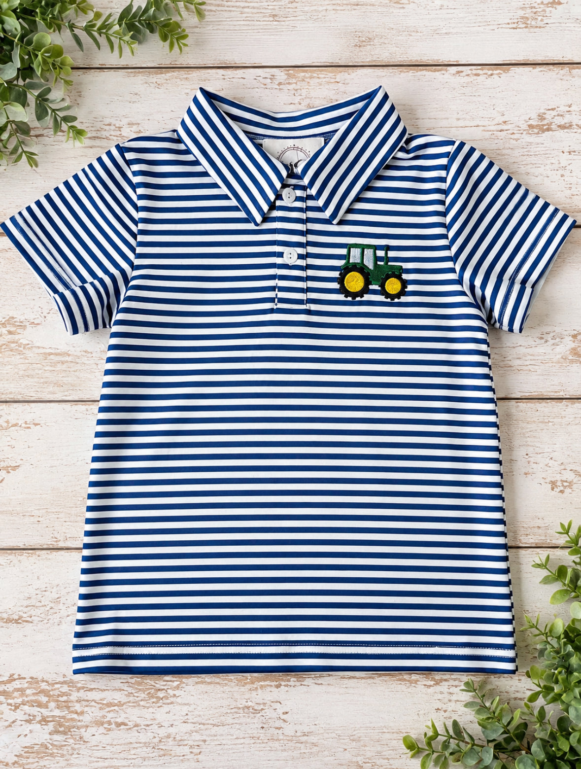 Boys blue and white striped polo shirt with green and yellow embroidered tractor