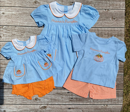Mama’s Pumpkin sibling matching outfits with blue and orange fall styles for boys and girls including dress, bloomer set, and boys short set.