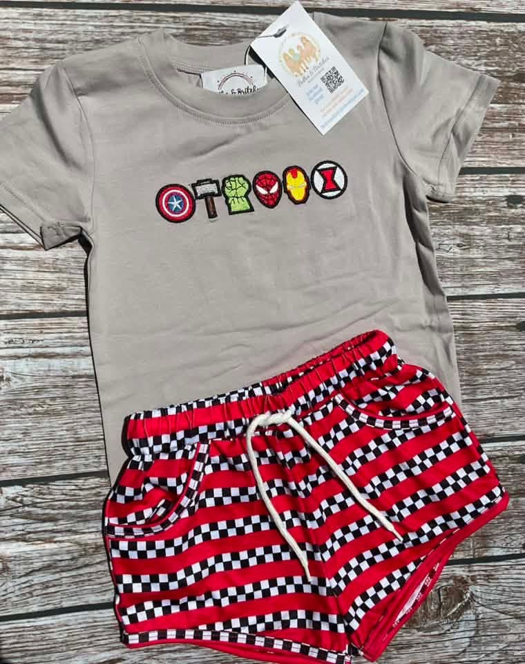Masked & Mighty boys embroidered short set with gray hero shirt and red black and white checkered shorts